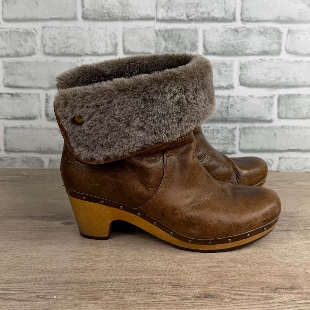 UGG Abree Shearling Clog Ankle Boots Brown Leather Wood Heel 12